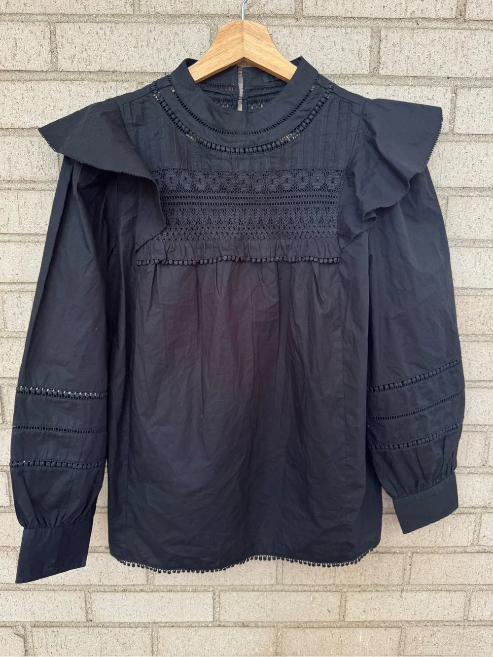 J Crew Cotton Black Ruffle Yoke Longsleeve Eyelet Blouse Victorian XS